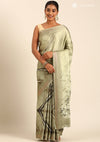 Sage Green Satin Contemporary Printed Saree