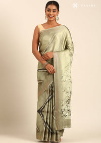Sage Green Satin Contemporary Printed Saree
