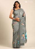 Grey Floral Digital Printed Crepe Saree - Taashi