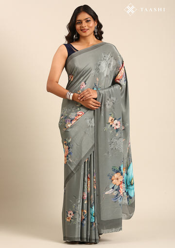 Grey Floral Digital Printed Crepe Saree