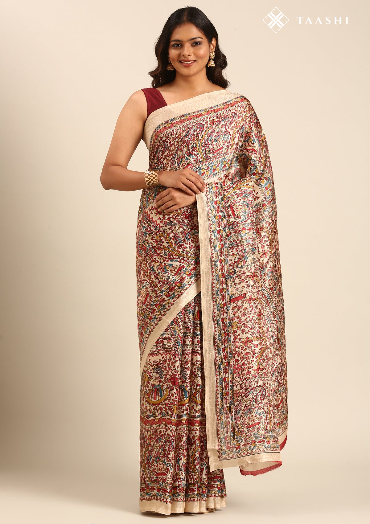 Tussar X Red Madhubani Printed Art Tussar Matka Silk Saree
