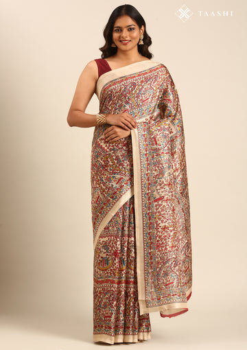 Tussar X Red Madhubani Printed Art Tussar Matka Silk Saree