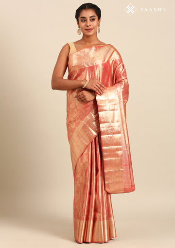 Orange and Golden Floral Pattern Tissue Brocade Kanchipuram Saree