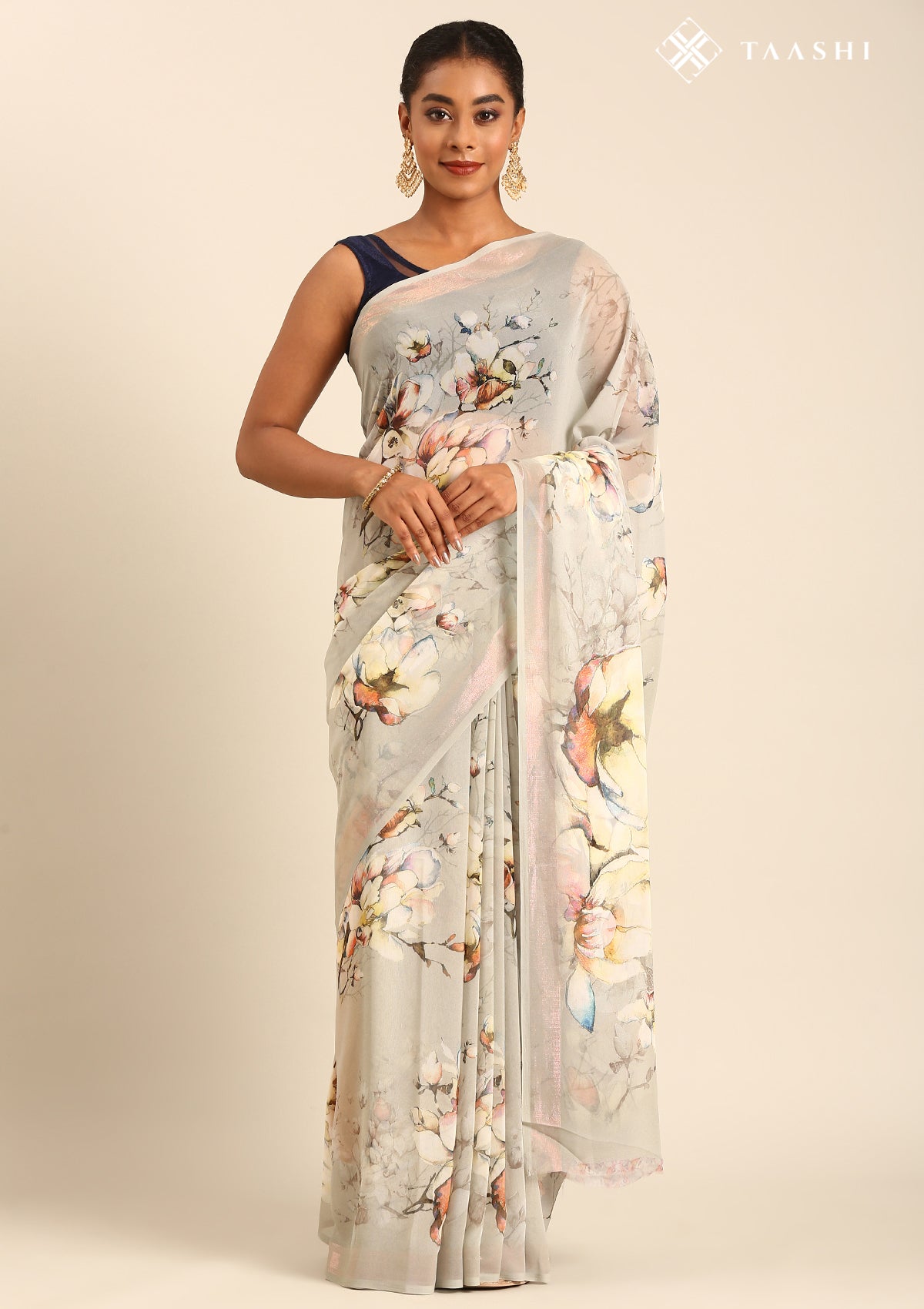 Pastel Sage Green Watercolor Floral Printed Georgette Saree