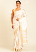 Cream TextuRed Pink Floral Printed With Foil Butta Work Printed Tussar Saree - Taashi