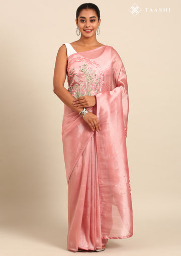 Pink Placement Embroidered Tissue Saree