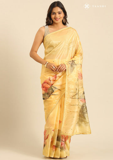 Dusty Yellow Organza Contemporary Embroidered Saree