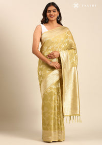 Pastel Olive Green Tussar Contemporary Woven Saree