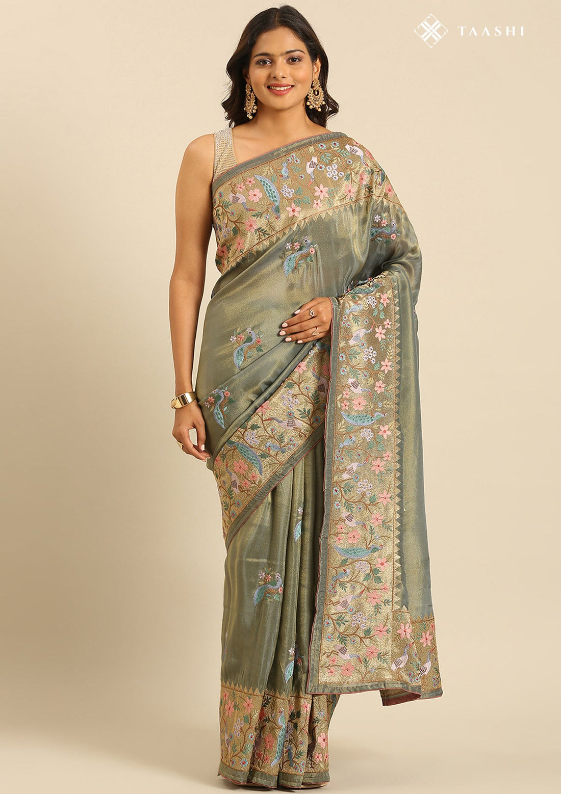 Dusty Blue Tissue Contemporary Embroidered Saree