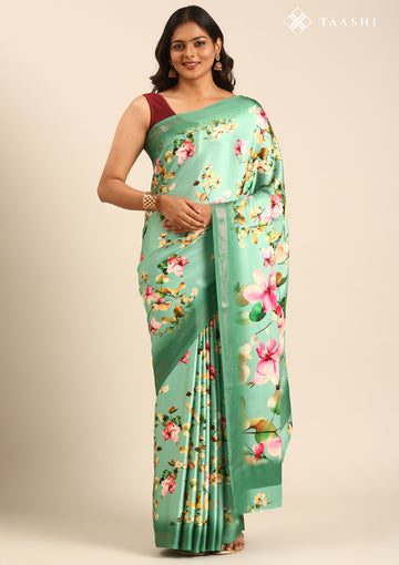 Green Floral Digital Printed Satin Saree