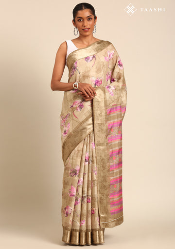 Pastel Olive Green Watercolor Floral Printed And Plaids Woven Linen Saree