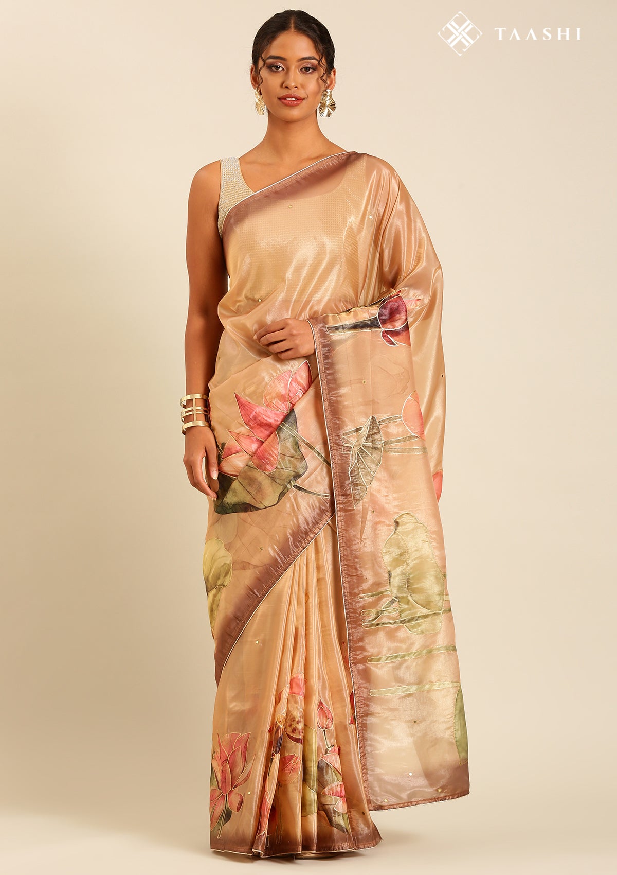 Metallic Copper Printed And EmbroideRed Organza Saree - Taashi