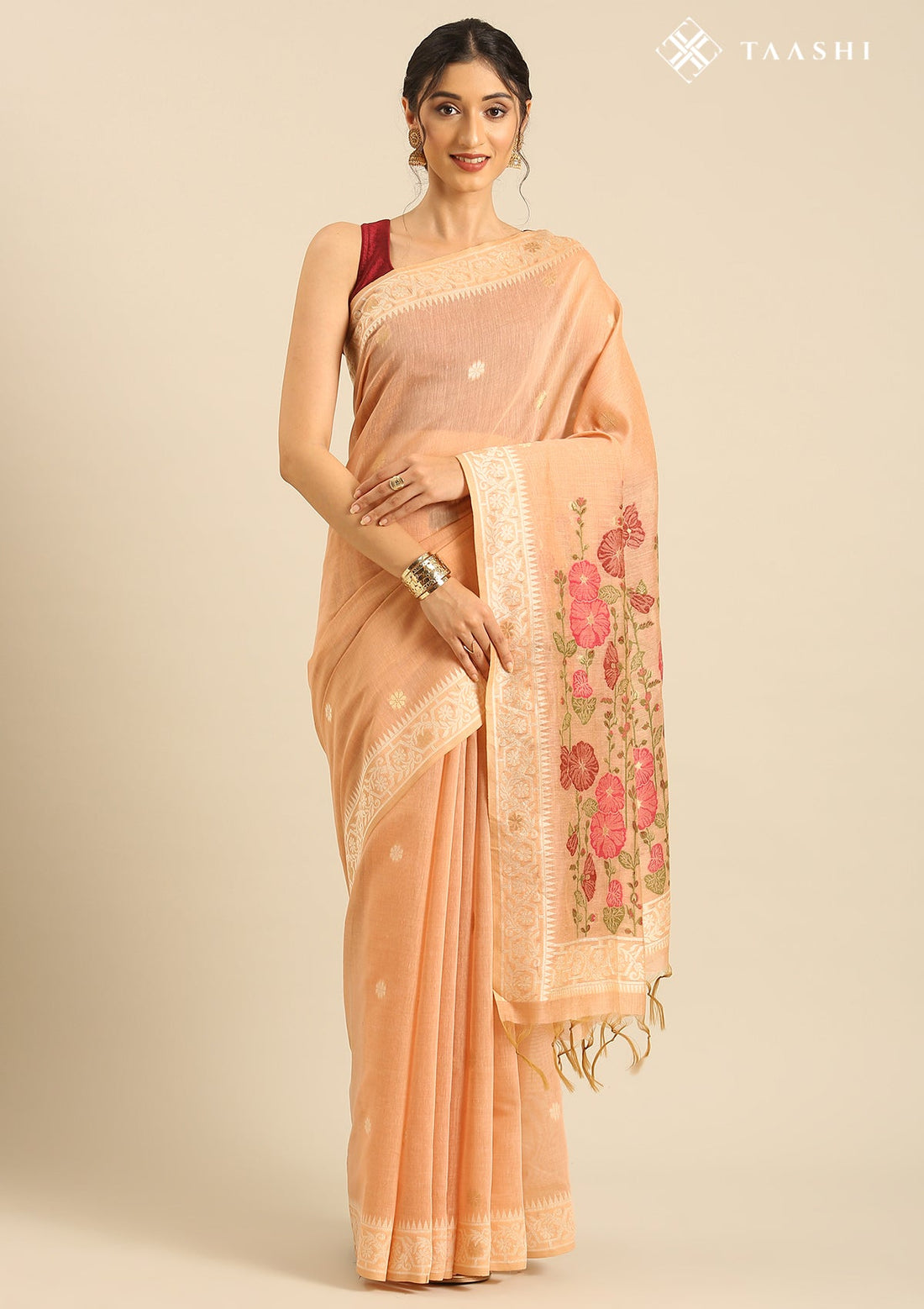 Pastel Peach Linen Woven Saree