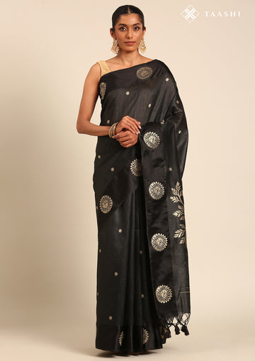 Black Peacock Jacquard Pattern Tussar Saree