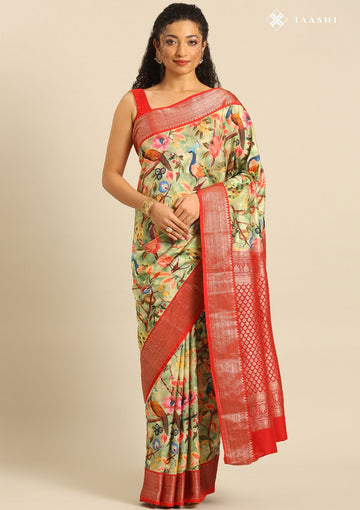 Pastel Green Pure Silk Floral & Peacock Printed Saree