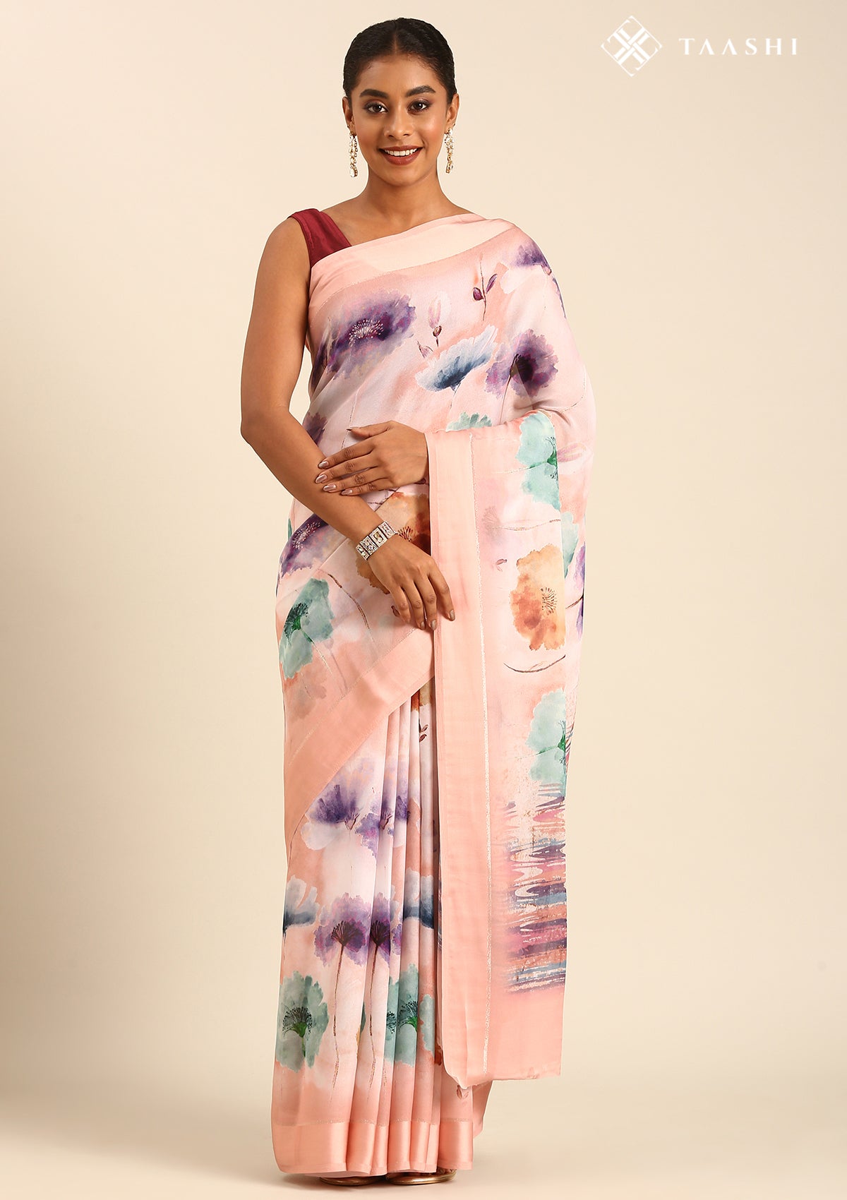 Pastel Peach Watercolor Floral Printed Georgette Saree