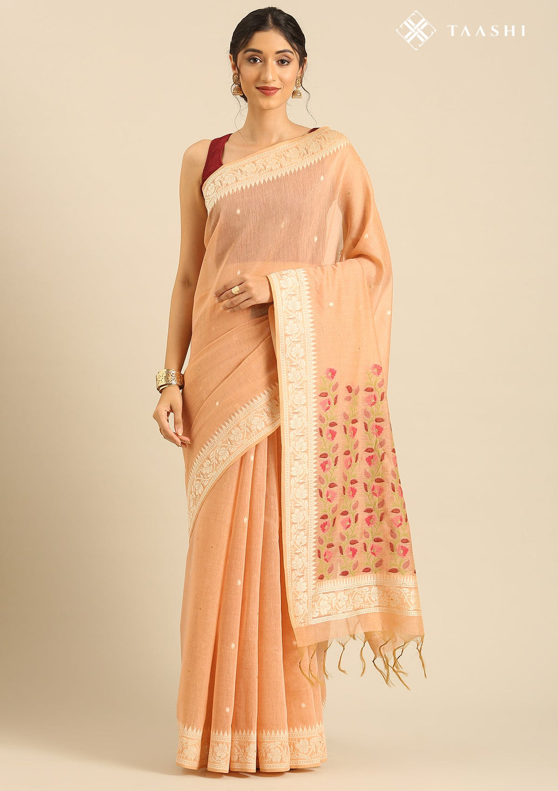 Pastel Peach Linen Woven Saree