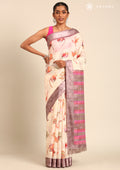 Cream Watercolor Floral Printed And Plaids Woven Linen Saree - Taashi