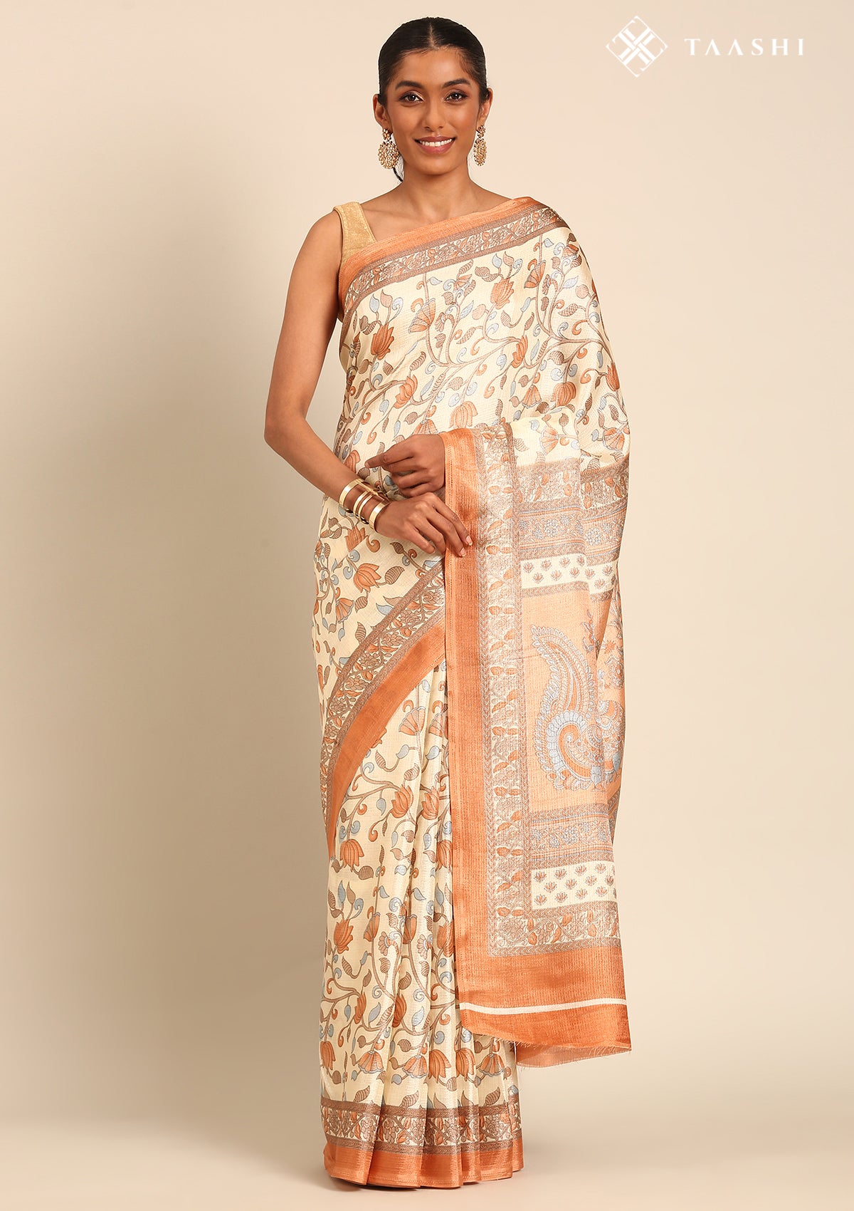 Cream And Copper Jaal Floral Printed Art Tussar Matka Silk Saree