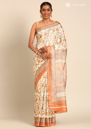 Cream And Copper Jaal Floral Printed Art Tussar Matka Silk Saree