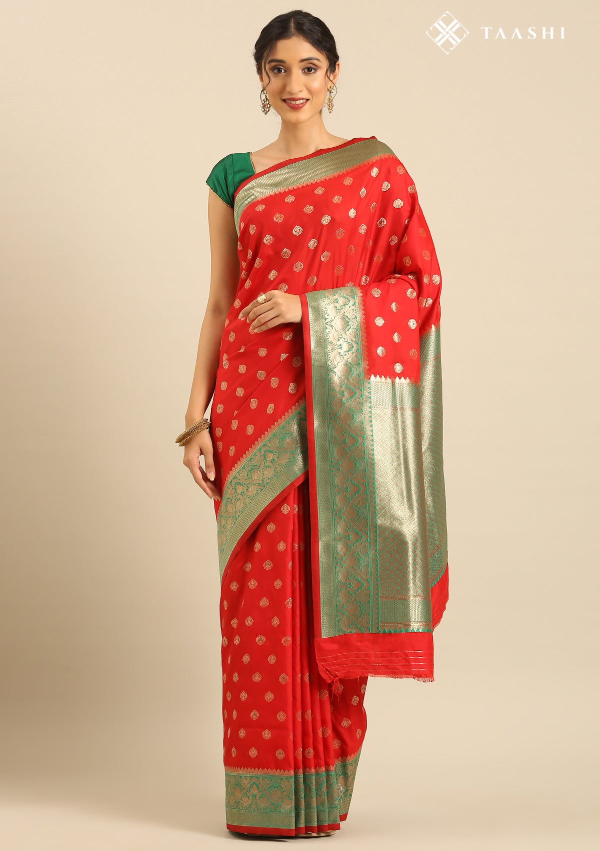 Red Allover Butta Weaving Silk Saree - Taashi
