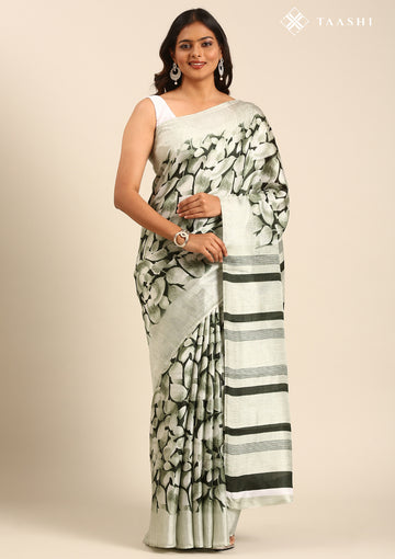 Olive Green Floral Printed Art Tussar Matka Silk Saree