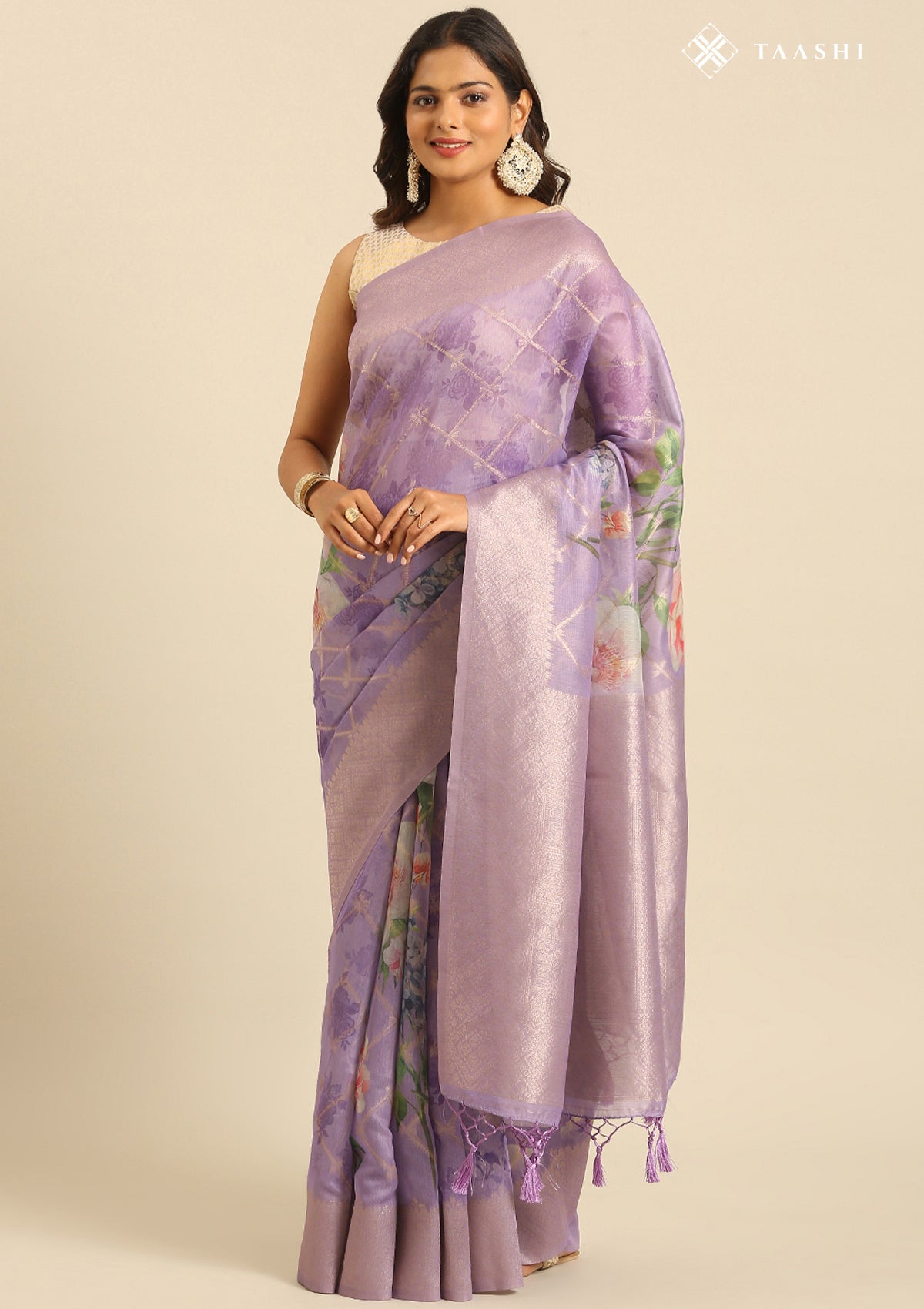 Mauve Floral Printed Zari Woven Organza Saree - Taashi