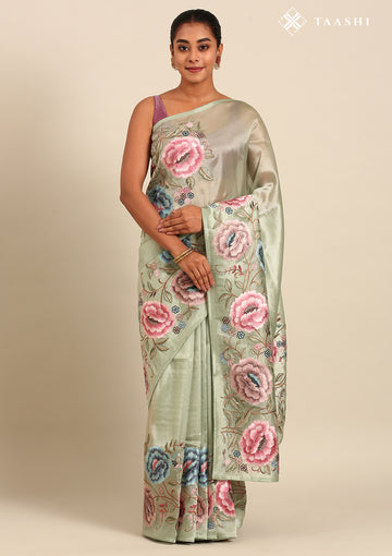 Sage Green Floral Embroidered Tissue Saree