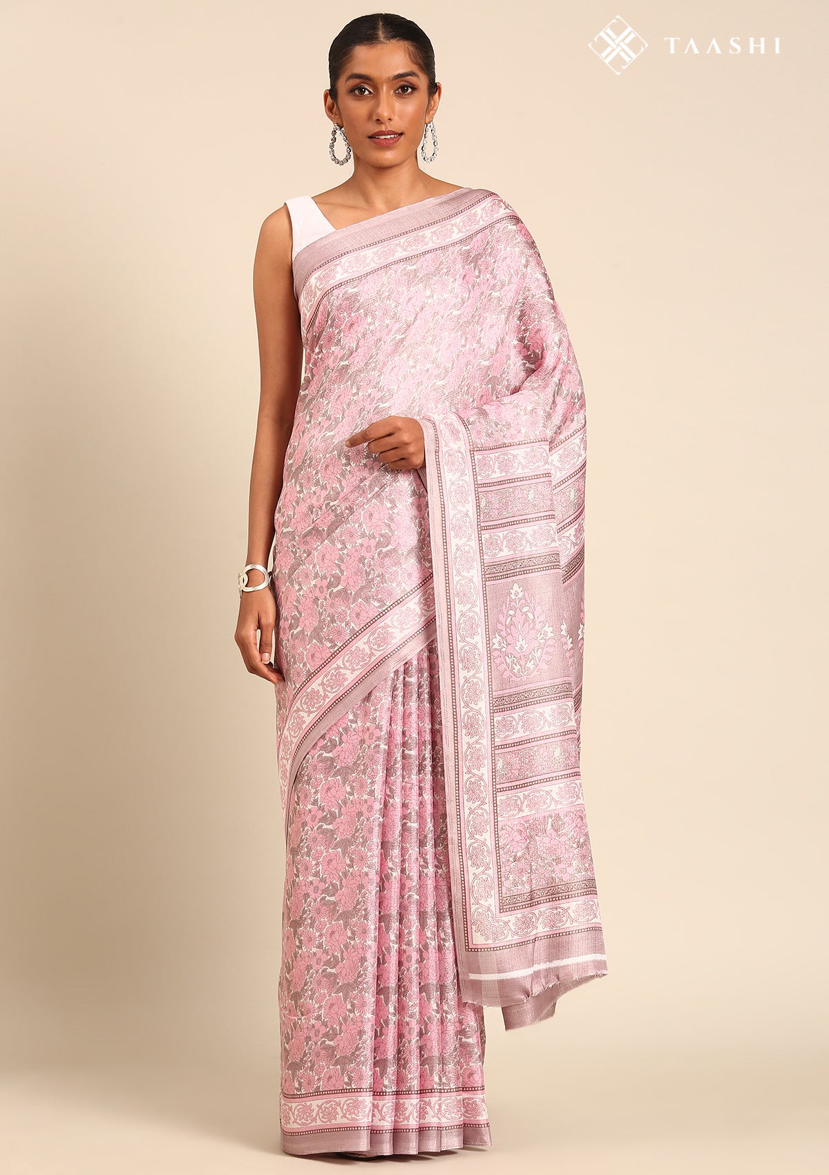 Dusty Pink A/O Floral Printed Art Tussar Matka Silk Saree