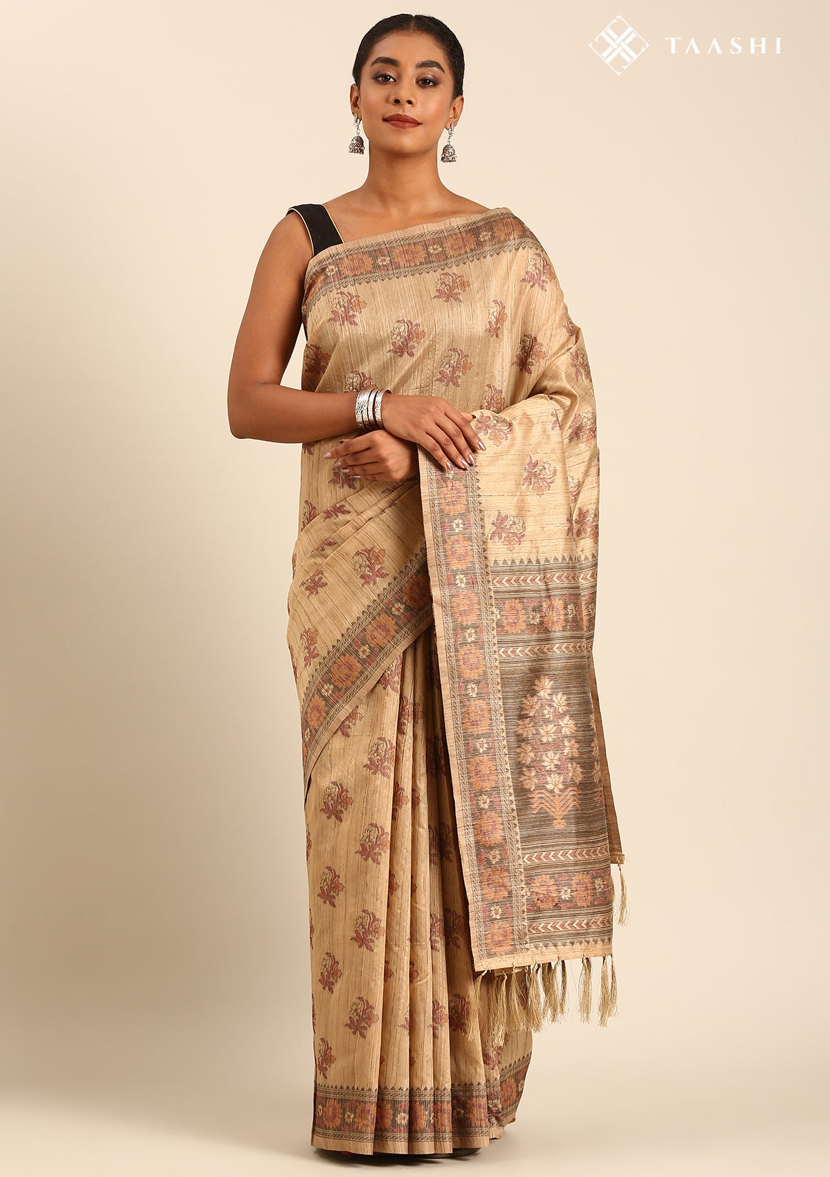 Beige Mughal Floral Woven Pattern Tussar Saree