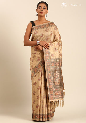 Beige Mughal Floral Woven Pattern Tussar Saree