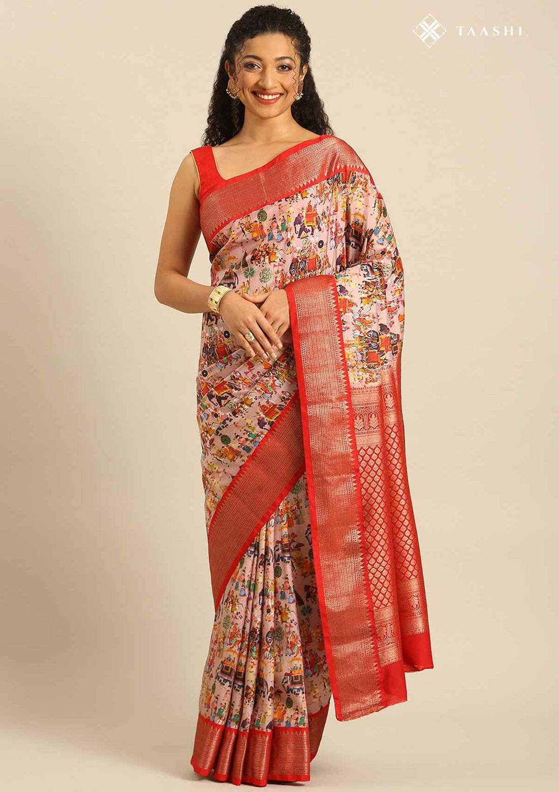 Mauve Pure Silk Rajput Miniature Printed Saree