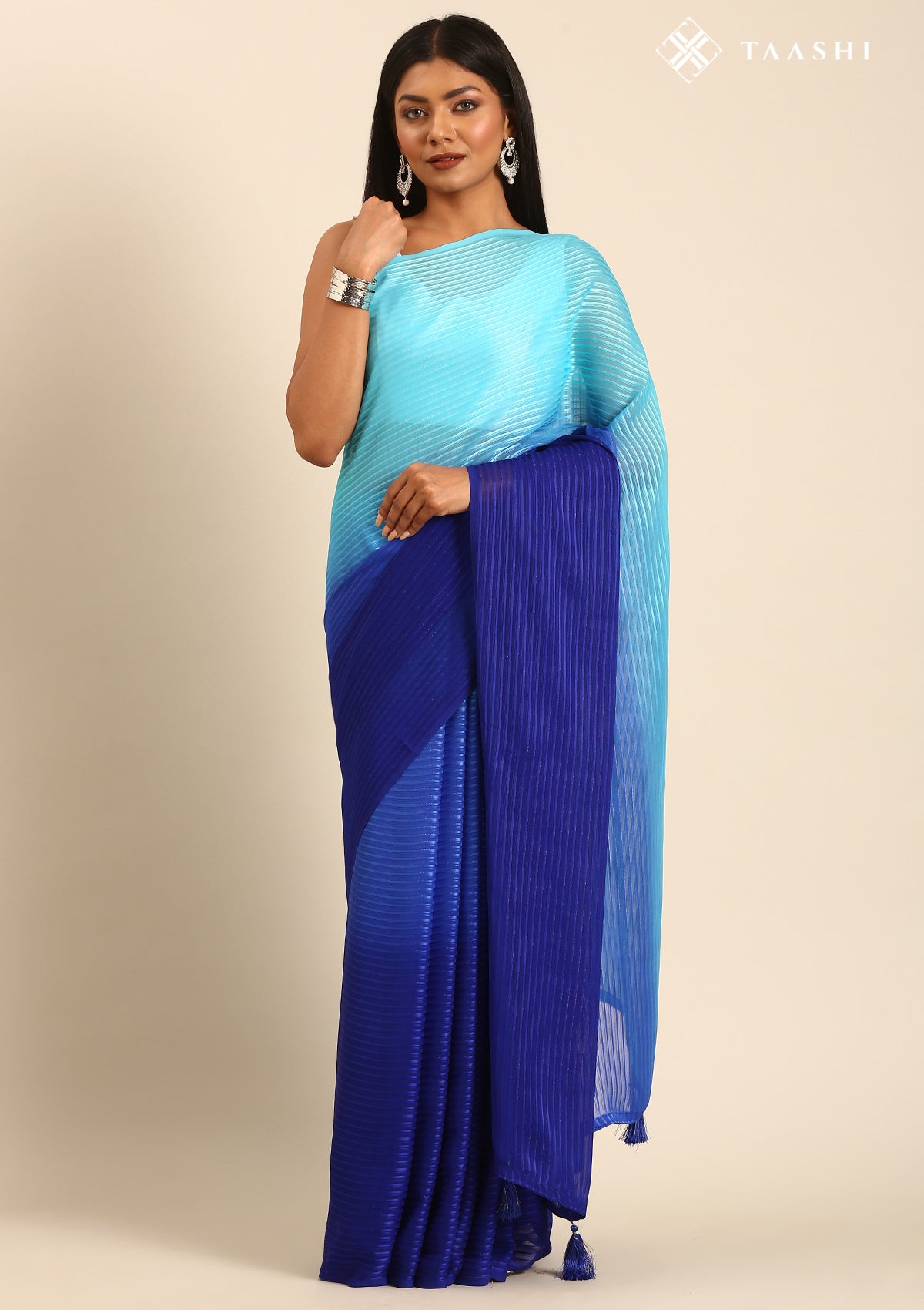 Blue Ombre Striped Chiffon Saree