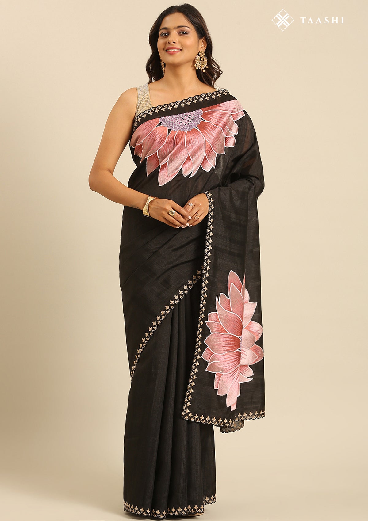 Black Floral EmbroideRed Tissue Saree - Taashi