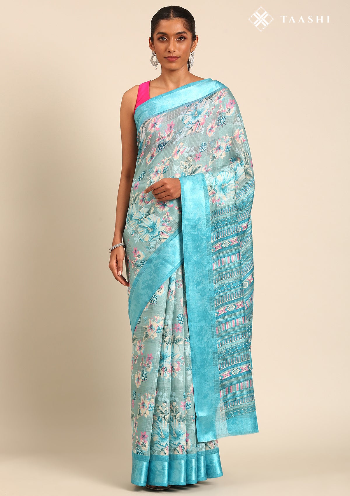 Sky Blue A/O Floral Printed Plaids Woven Line Saree