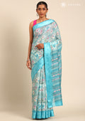 Sky Blue A/O Floral Printed Plaids Woven Line Saree - Taashi