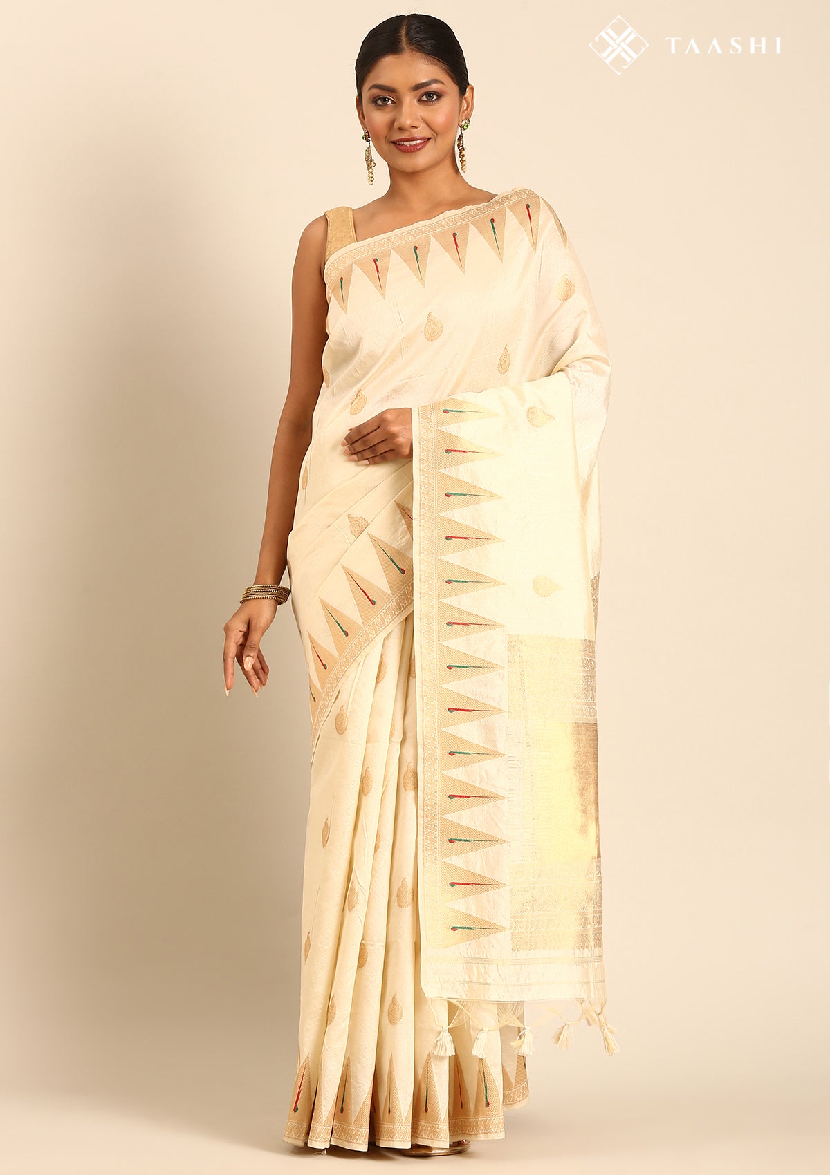 Cream Traditional Zari Woven Tussar Saree