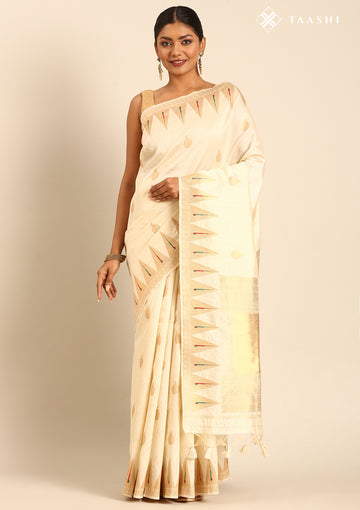 Cream Traditional Zari Woven Tussar Saree