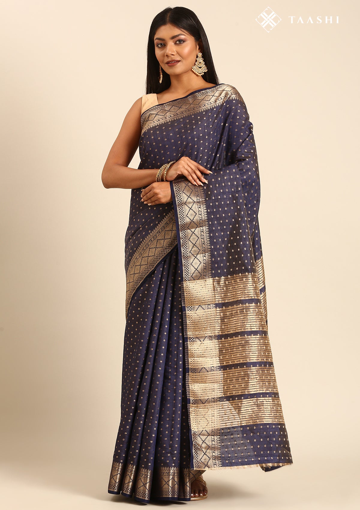 Dark Blue Traditional Zari Butta Woven Tussar Saree