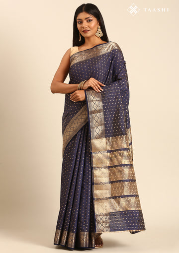Dark Blue Traditional Zari Butta Woven Tussar Saree