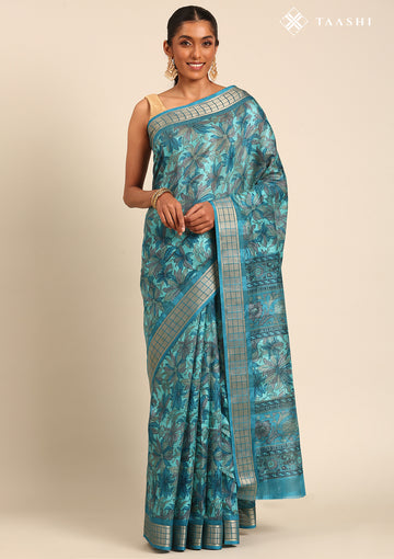 Blue A/O Floral Printed Tussar Saree