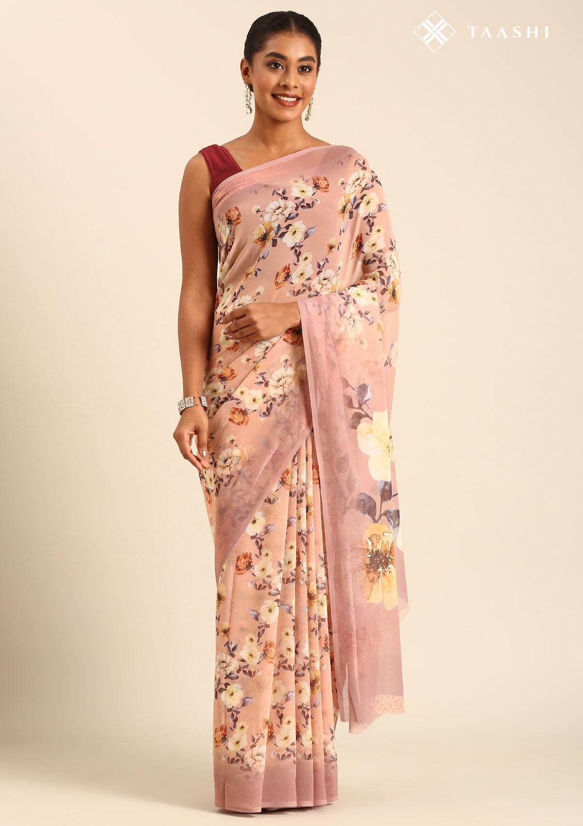 Beige Floral Printed Georgette Saree