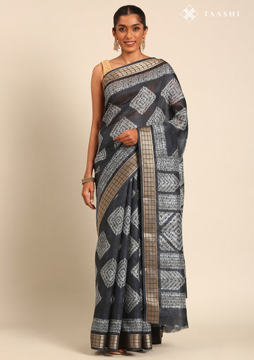 Dark Blue Abstract Printed Tussar Saree