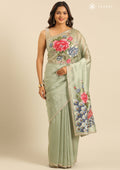 Pista Green Tissue Saree EmboideRed On The Pallu - Taashi