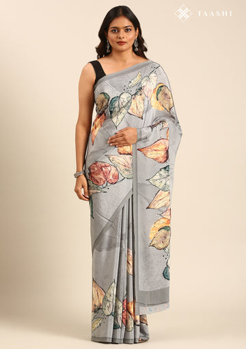 Grey Leaf Digital Printed Crepe Saree