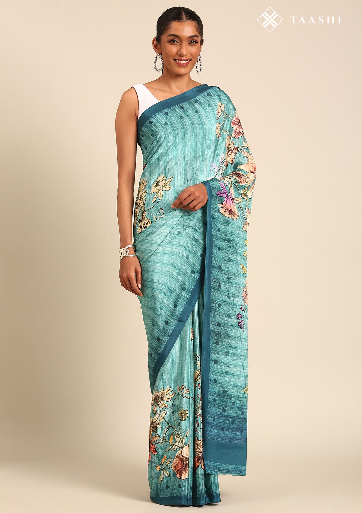 Powder Blue Digital Multicolor Floral And Textured Printed Crepe Saree