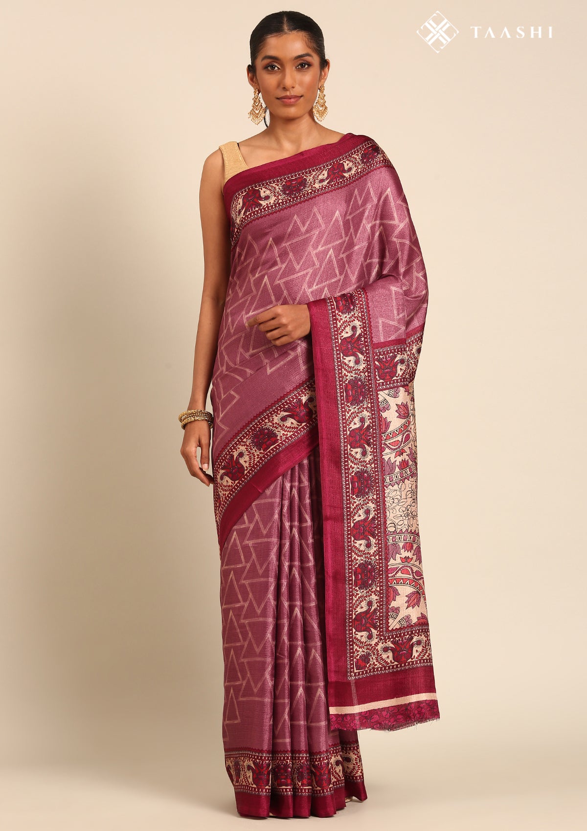 Dusty Magenta Geometric Printed Tussar Saree