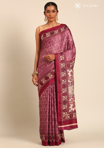Dusty Magenta Geometric Printed Tussar Saree