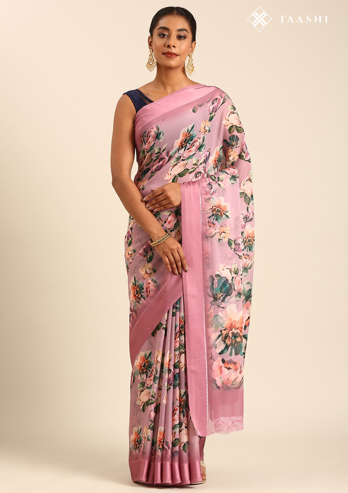 Dusty Pink Floral Printed Georgette Saree