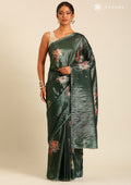 Metallic Dark Green Printed And EmbroideRed Organza Saree - Taashi